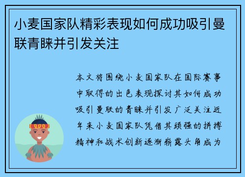 小麦国家队精彩表现如何成功吸引曼联青睐并引发关注